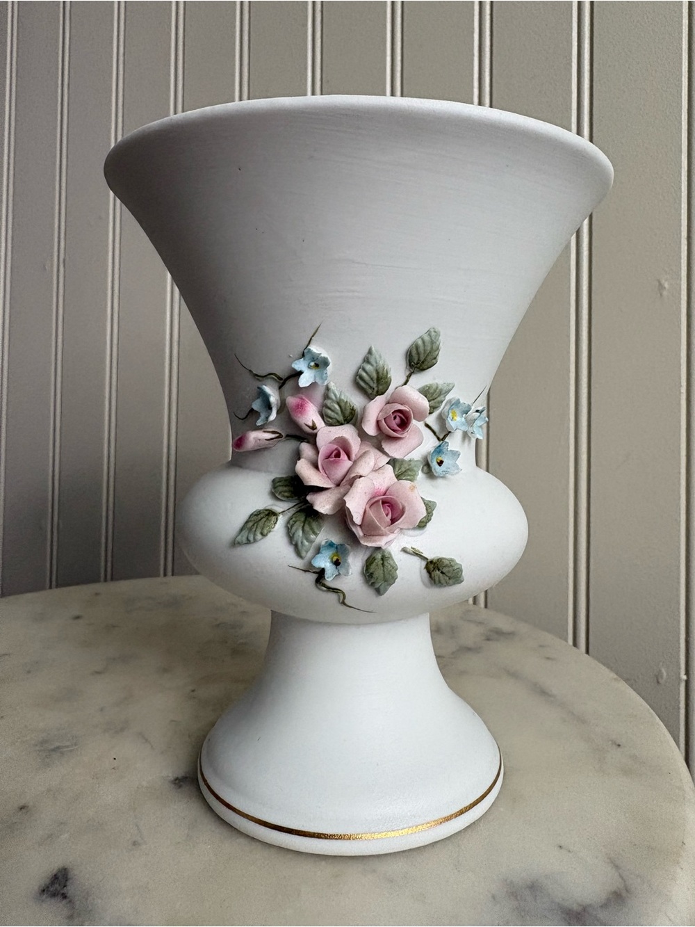 Vintage Lefton Porcelain Bisqueware Flower Vase #1200 White & Pink Roses VTG